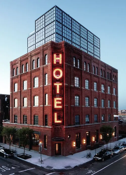 Red Brick Hotel Building, photographic, high-contrast