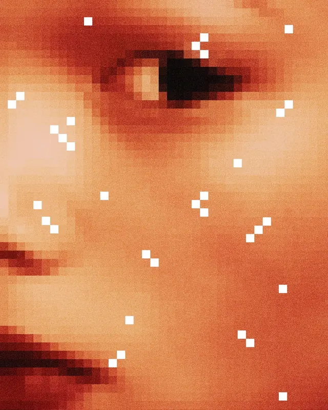 Pixelated Portrait with White Dots, retro, brutalist, warm
