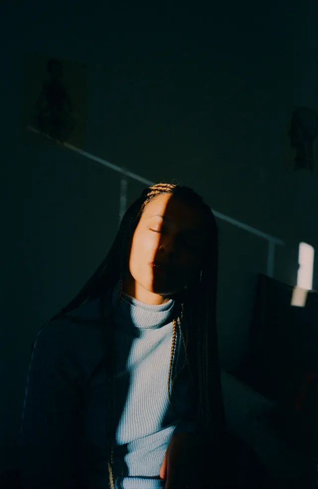 Cinematic Portrait with Light Leak, photographic, dark-mode, dark