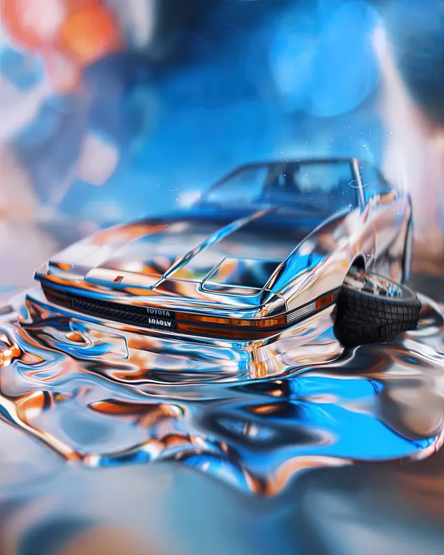 Chrome liquid car render with bokeh, 3d-render, gradient-heavy, vibrant