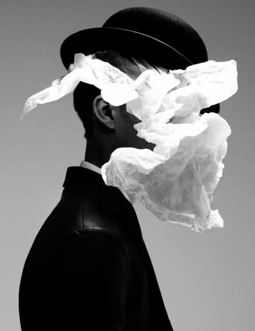 Monochrome Portrait with Flowing Fabric, photographic, surreal, monochrome
