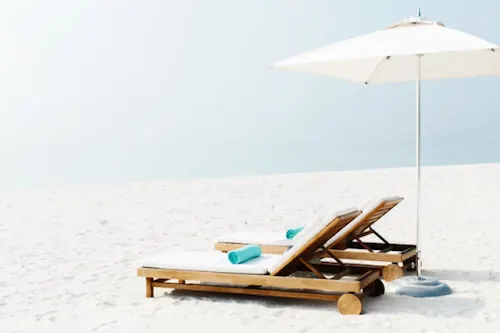 Beach Lounge Scene with Umbrella, photographic, minimal, light