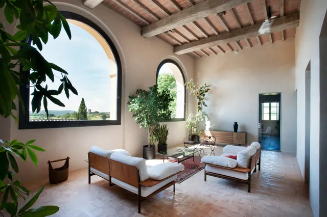 Tuscan Villa Interior with Arched Windows, photographic, organic, warm