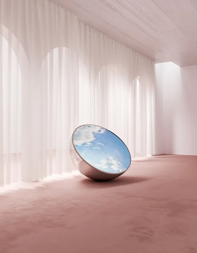 Reflective sphere in minimal interior, minimal, 3d-render, warm