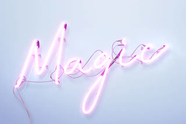 Neon pink script on soft periwinkle background, playful, neon, pastel