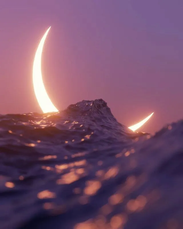 Glowing moons over rocky landscape, 3d-render, gradient-heavy, warm