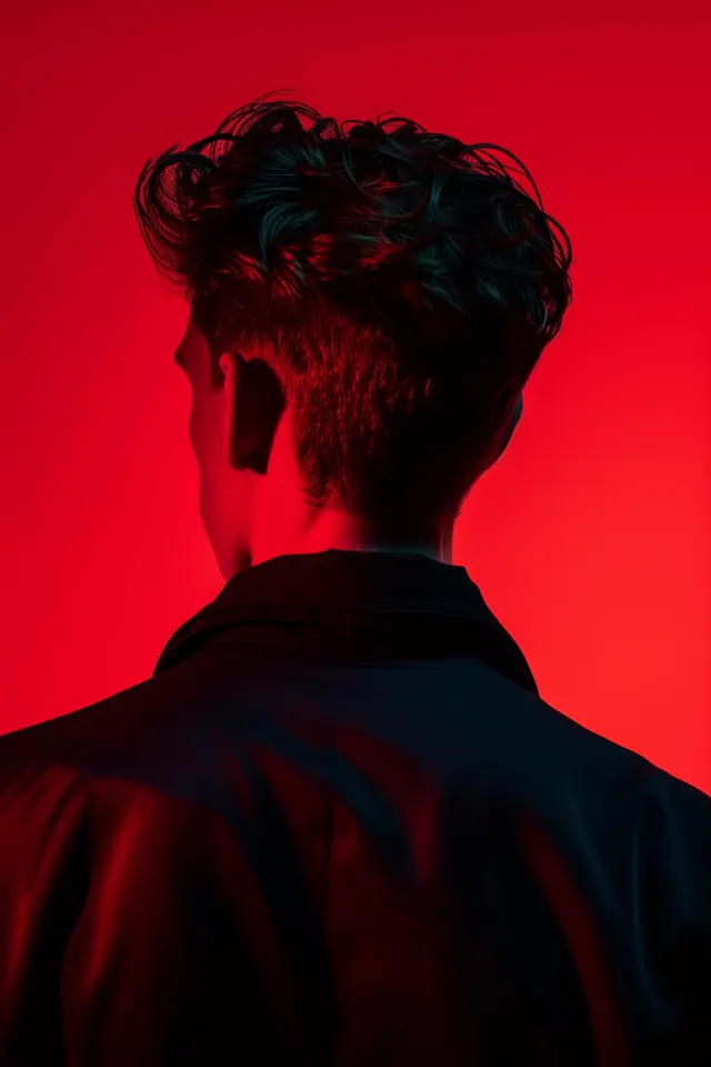 Silhouette portrait with red and dark tones, photographic, dark-mode, dark
