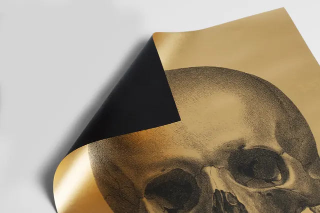 Gold skull with black paper fold graphic, 3d-render, luxury, warm