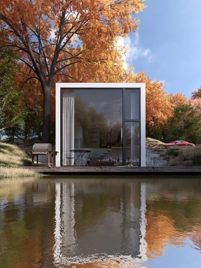 Minimalist lakeside dwelling render, 3d-render, minimal, warm