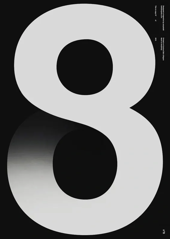 Oversized numeral 8 graphic design, minimalist, monochrome, dark