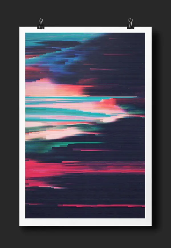 Glitch art print with neon colors, abstract, technical, dark