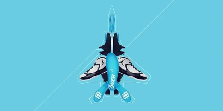 Sneaker and skateboard symmetrical layout on cyan background, playful, geometric, vibrant