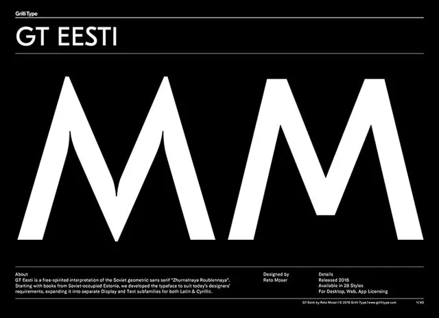 GT Eesti geometric typeface specimen, technical, monochrome, dark