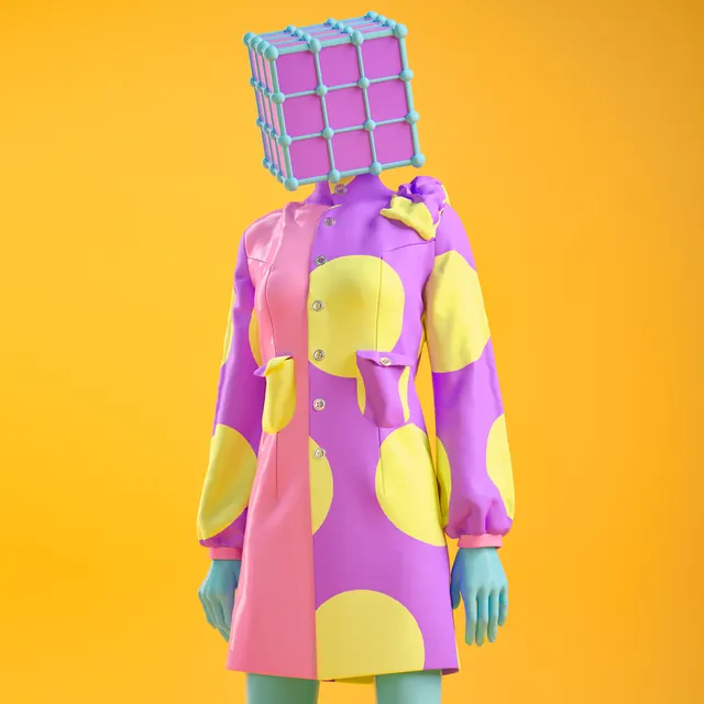 Colorful 3D rendered fashion garment with geometric blocks, 3d-render, playful, vibrant