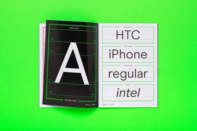 Typeface specimen neon green mockup, neon, playful, vibrant