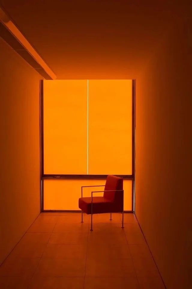 Monochromatic interior with chair, minimal, 3d-render, warm
