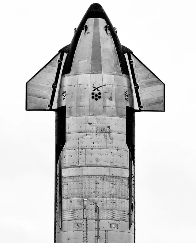 SpaceX Starship Vertical Composition, photographic, technical, monochrome