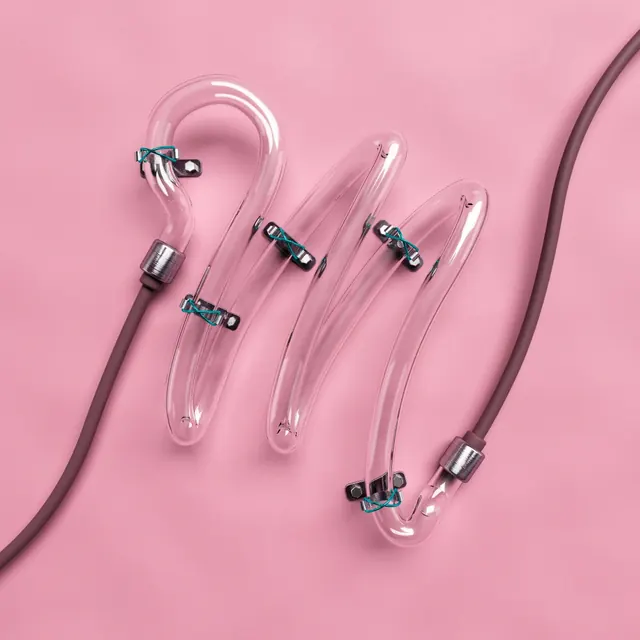 Glass tube letter m on pink, 3d-render, minimal, pastel