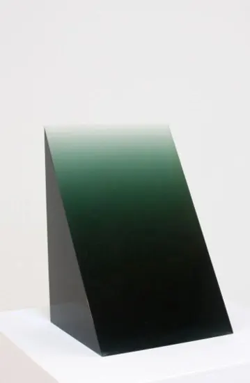 Green gradient wedge sculpture, minimal, geometric, light