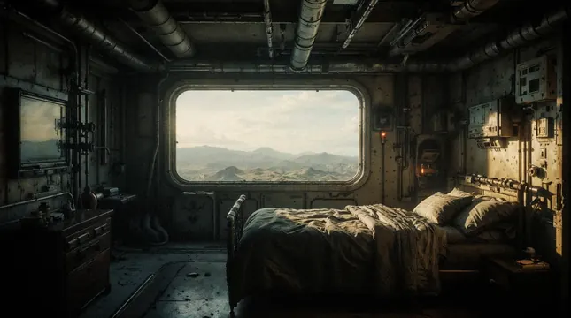 Gritty sci-fi bunk room interior, 3d-render, technical, dark