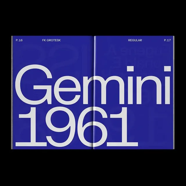 FK Grotesk Gemini 1961 specimen spread, swiss, minimal, vibrant