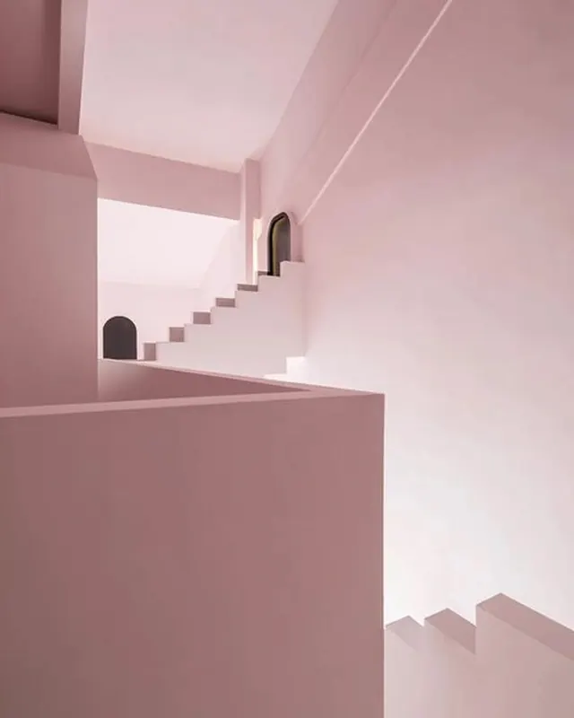 Pink monochromatic stair interior render, minimal, 3d-render, pastel