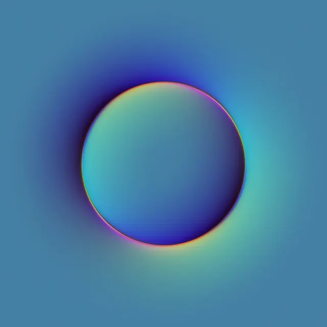 Iridescent rim circle on teal gradient, minimal, abstract, cool