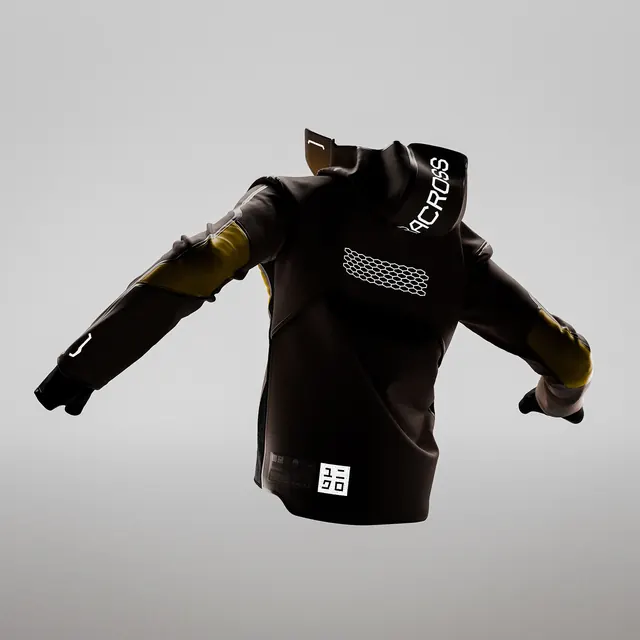 ACROSS technical jacket CGI back view, minimal, technical, dark
