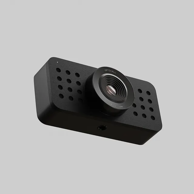 OPTICALL matte black camera device render, minimal, technical, monochrome