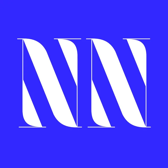 Double N letterforms on electric blue, minimal, swiss, vibrant