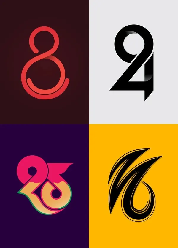 Colorful numeric typeface design variations, flat, geometric, vibrant