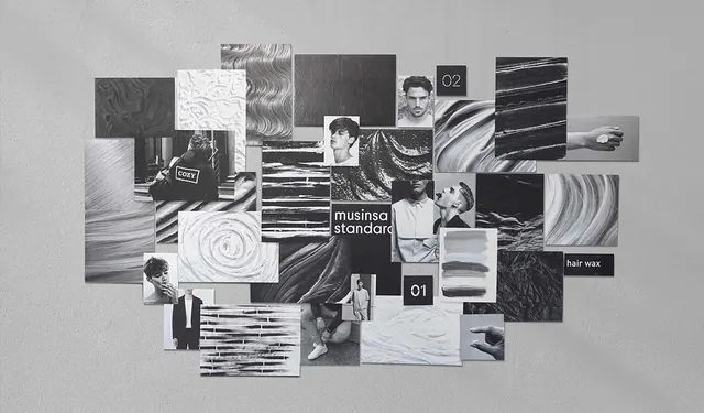 Musinsa Standard Hair Wax Mood Board, editorial, minimal, monochrome