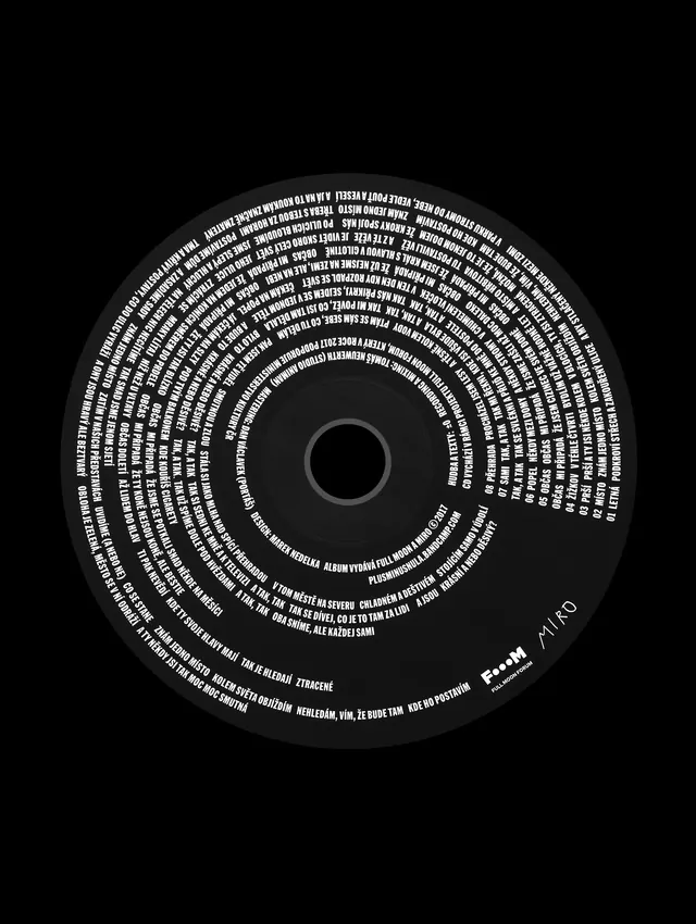 Spiral vinyl record label with concentric typography, minimalist, geometric, monochrome