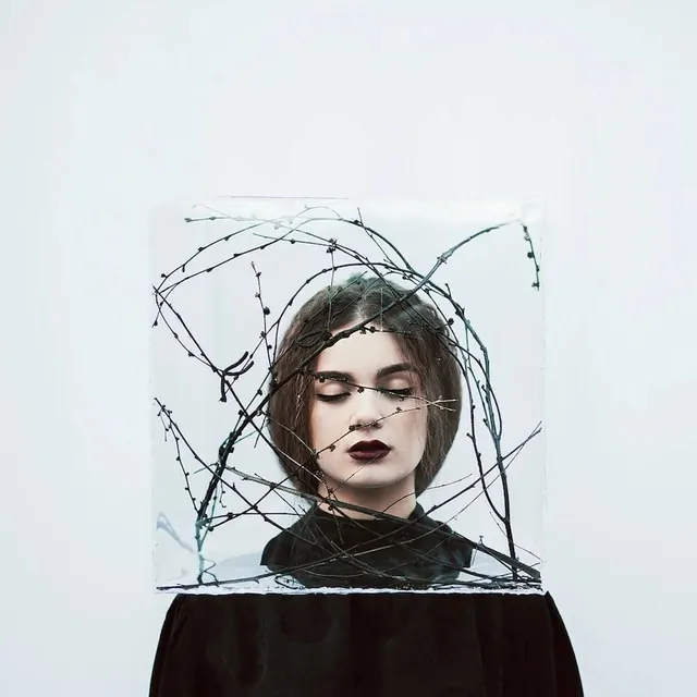 Artistic portrait with linear overlay, illustrated, photographic, light