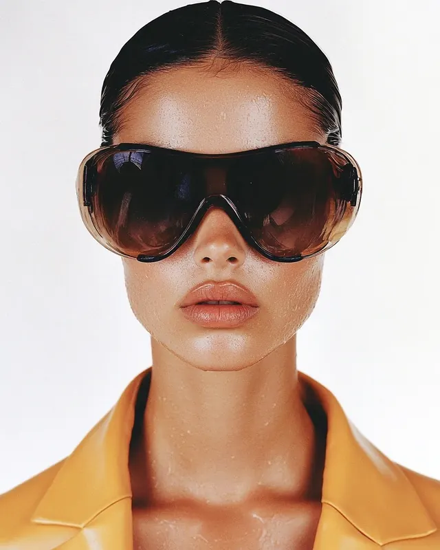 Fashion portrait with oversized aviator sunglasses, photographic, minimal, vibrant