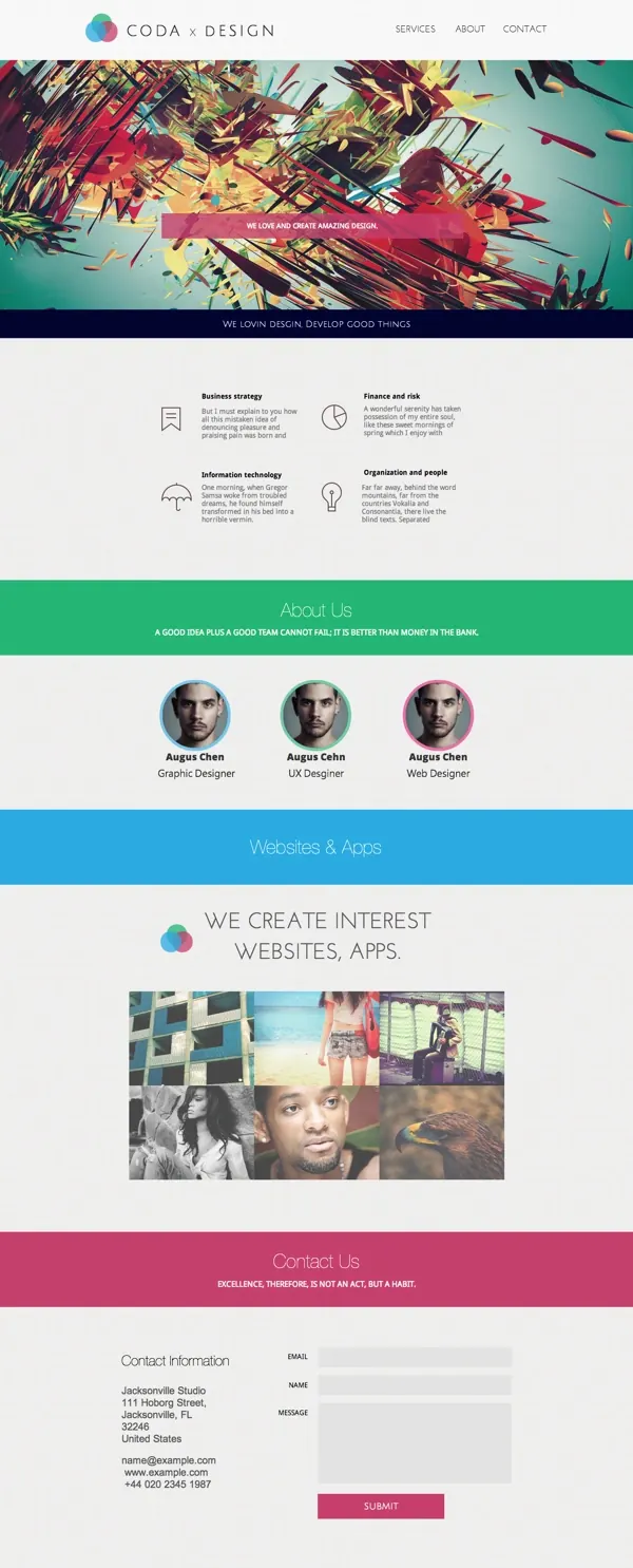 CODA x Design full-page website layout, playful, colorful, vibrant