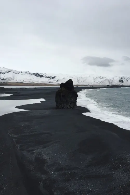 Iceland black sand beach with rock formation, photographic, dark-mode, dark