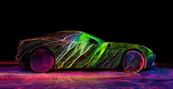 Ferrari neon wireframe 3D render, 3d-render, dark-mode, vibrant