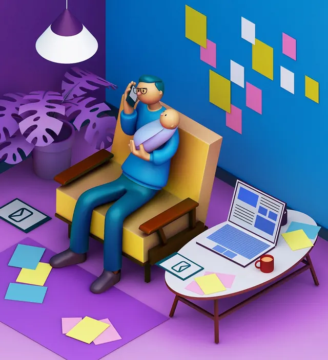 3D illustrated office workspace scene, 3d-render, illustrated, vibrant