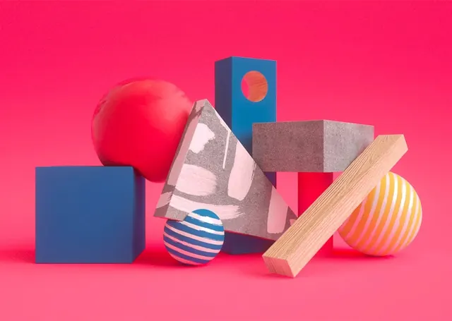 3D-rendered abstract composition in hot pink and jewel tones, 3d-render, gradient-heavy, vibrant