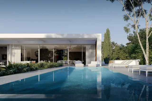 Modern residential pool house exterior, minimal, light-mode, light