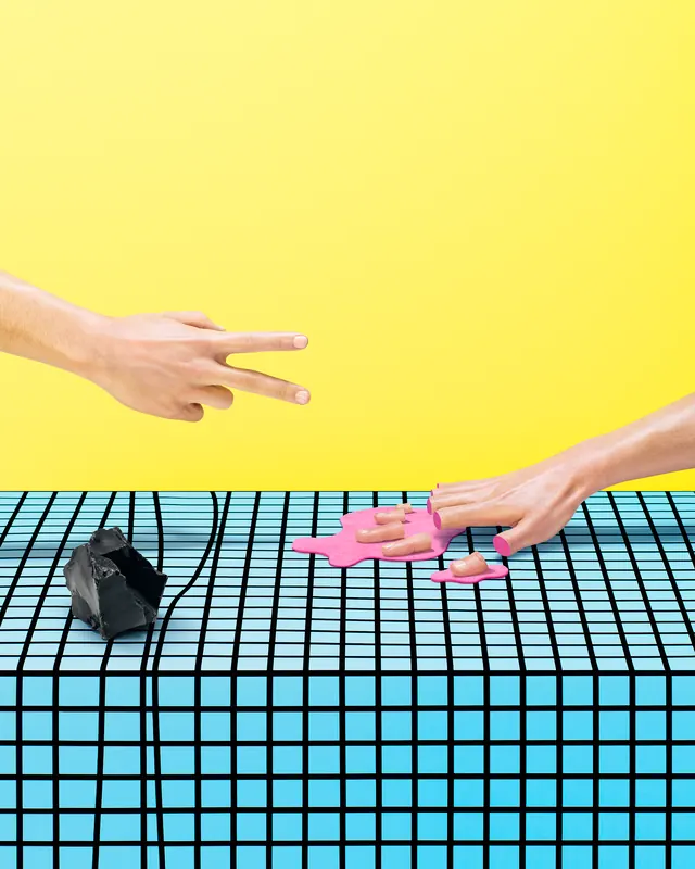 Hand Interaction with 3D Objects on Grid, neo-brutalist, 3d-render, vibrant