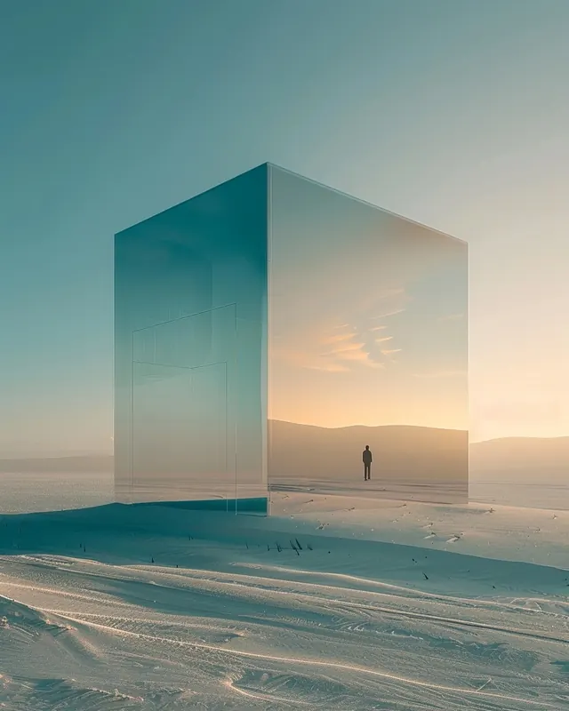 Transparent Cube in Desert Landscape, minimal, abstract, cool