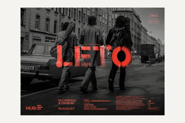 Film poster with typographic overlay and cinematic imagery, editorial, dark-mode, dark