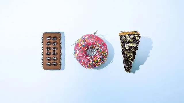Food product styling composition with decorative treats, photographic, minimal, light