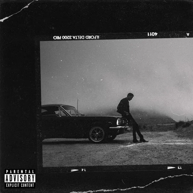 Cinematic album artwork with film-strip styling, photographic, editorial, monochrome