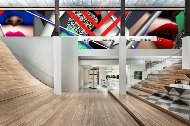Modern retail gallery interior with bold graphics display, architectural, minimalist, light