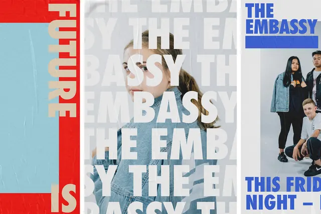 The Embassy youth event poster, editorial, bold, vibrant