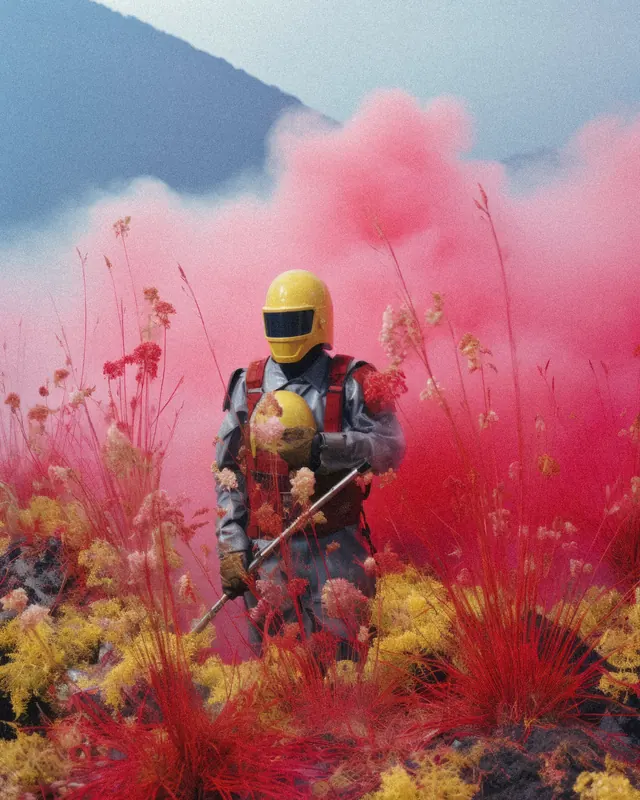 Surreal digital figure in magenta landscape, 3d-render, illustrated, vibrant