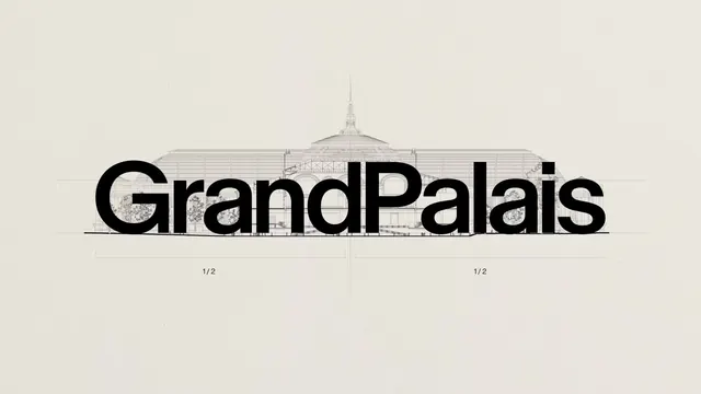 Grand Palais wordmark over architectural elevation drawing, minimal, geometric, light